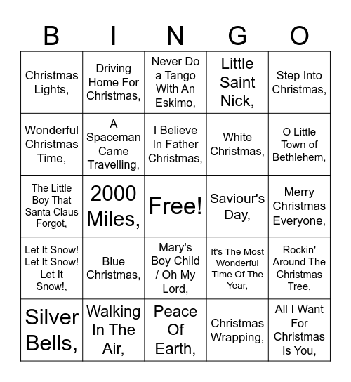 Christmas Bingo Hits Bingo Card