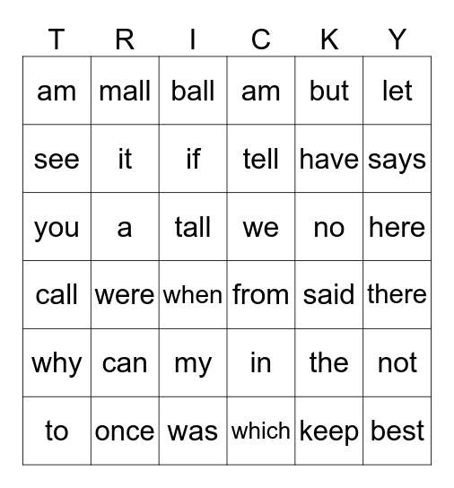 Tricky WORDS Bingo Card