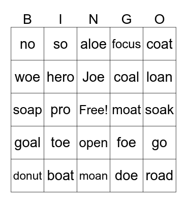 Long o Bingo Card