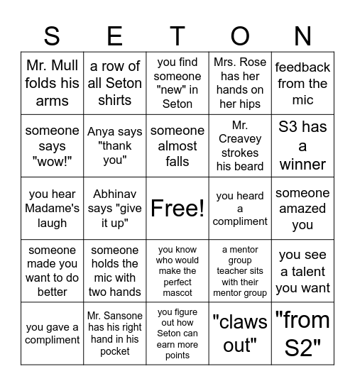 Seton talent show Bingo Card