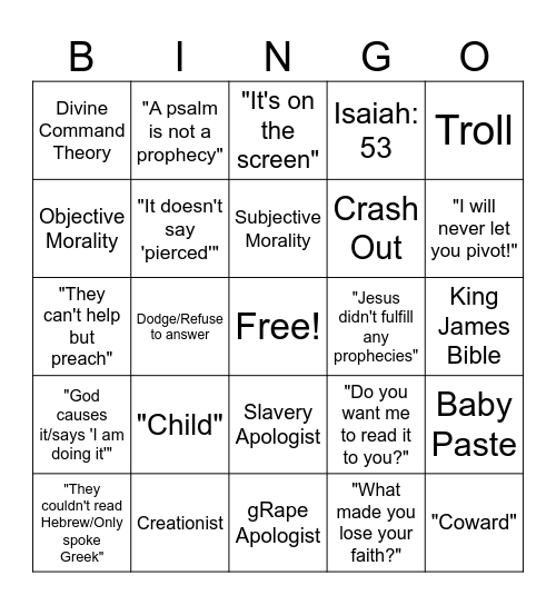 DZ Debates Bingo Card