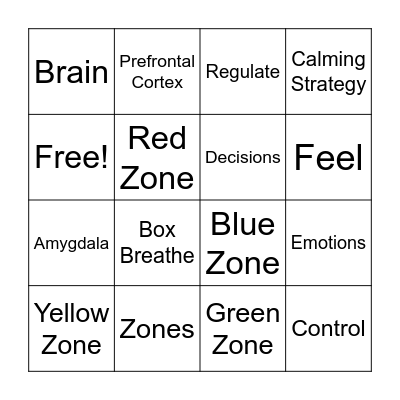 Zones of Regulation Bingo Card