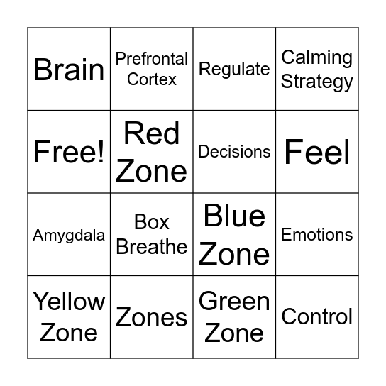 Zones of Regulation Bingo Card