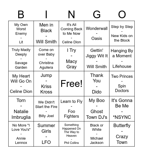 Club 90's - CLEAN Bingo Card