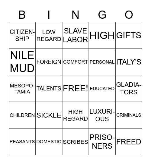 Egypt vs. Rome Bingo Card