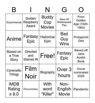 Movie Bingo Dec 1. - Feb. 28th Bingo Card