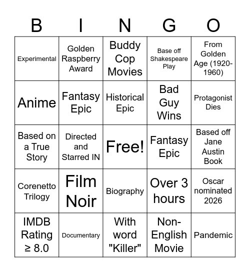 Movie Bingo Dec 1. - Feb. 28th Bingo Card