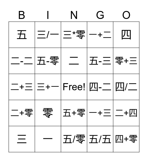 0-5 Bingo Card
