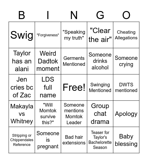 Secret Lives of Mormon Wives Bingo! Bingo Card