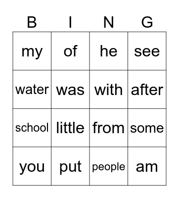 Super Word Bingo Card