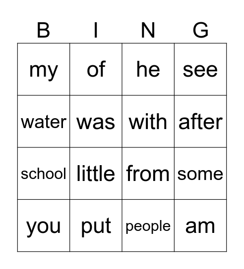 Super Word Bingo Card