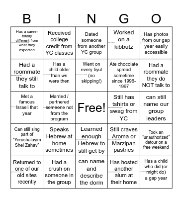 YJ 30th Reunion Bingo Card