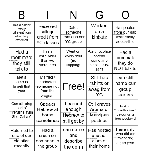 YJ 30th Reunion Bingo Card