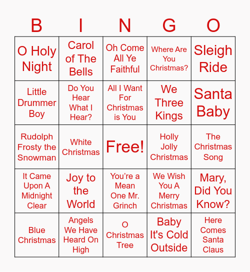 Christmas Songs Bingo Card