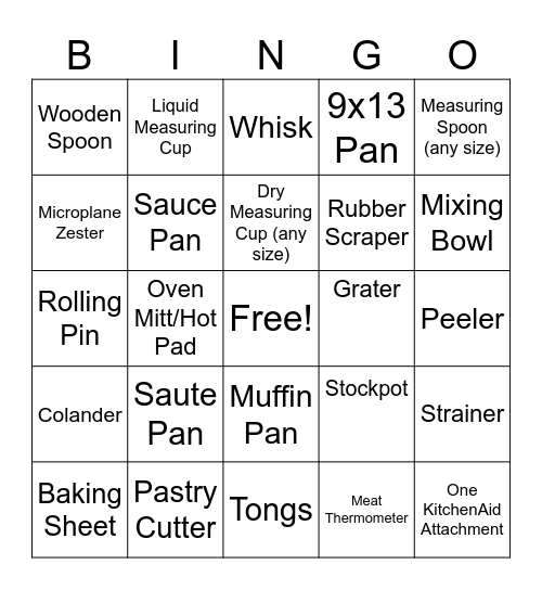 Equipment BINGO Card