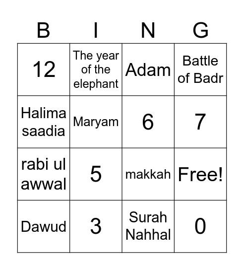 Islamic Bingo Card