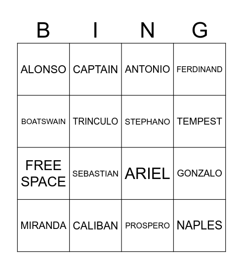 THE TEMPEST Bingo Card