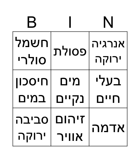 שמירה על הסביבה Bingo Card