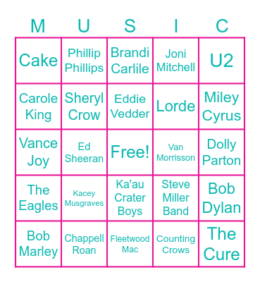 Suz'Kulele Artist Bingo Card