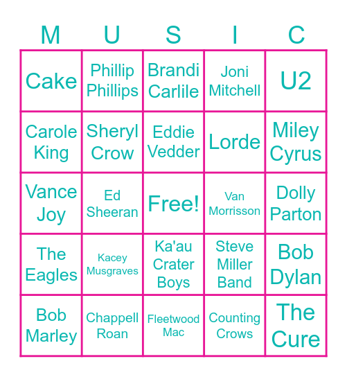 Suz'Kulele Artist Bingo Card