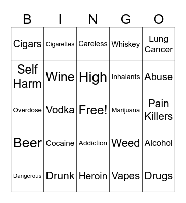 Substance Abuse Bingo Card