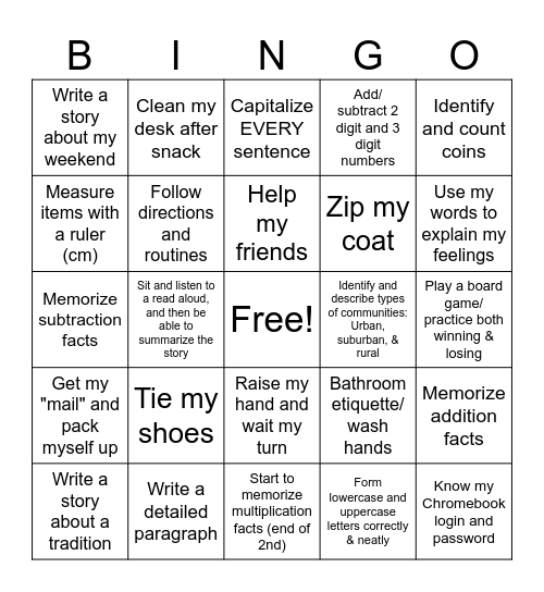 Second Grade Bingo Card