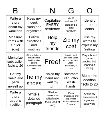 Second Grade Bingo Card