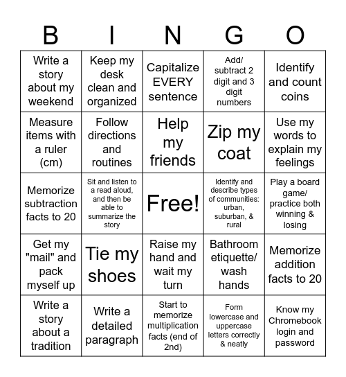 Second Grade Bingo Card