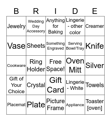 Bridal Bingo! Bingo Card