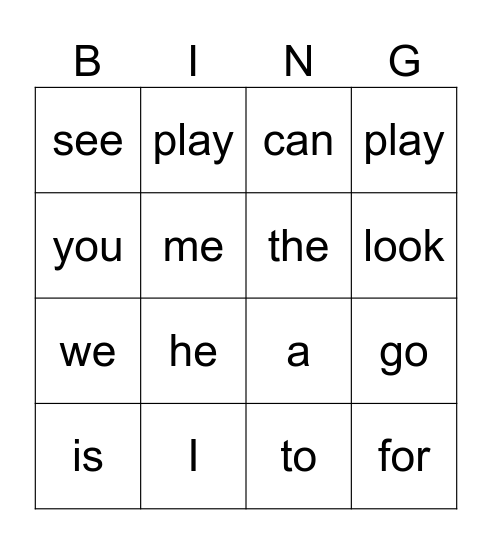 Sight Word Bingo Card