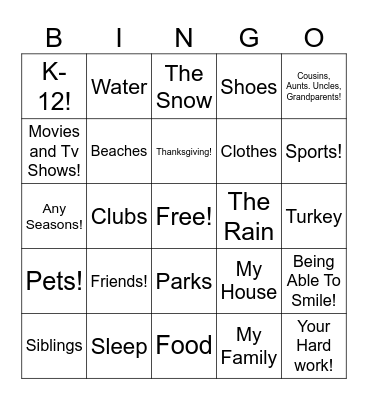 What I'm Grateful For! Bingo Card