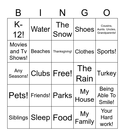 What I'm Grateful For! Bingo Card