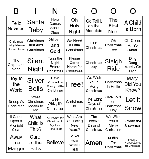 Christmas Song Bingo Card