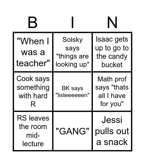 Basement Bingo Card