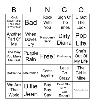 Prince vs Michael Bingo Card