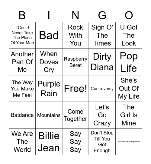 Prince vs Michael Bingo Card