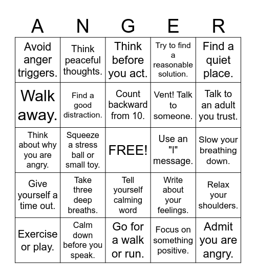 Anger Bingo Card