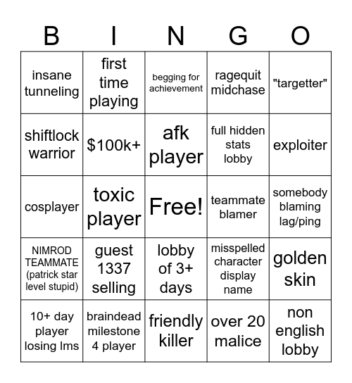 forsaken bingo Card