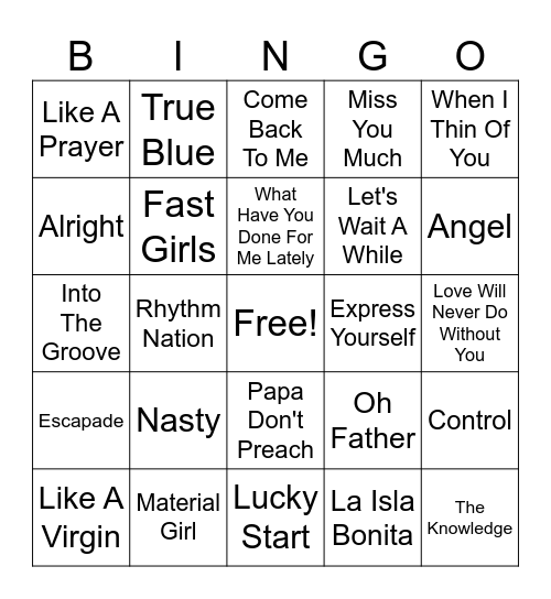 Janet vs Madonna Bingo Card