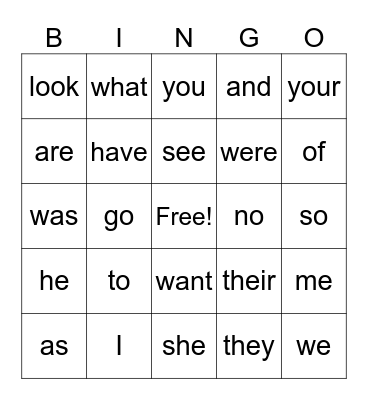 Heart Word Bingo Card
