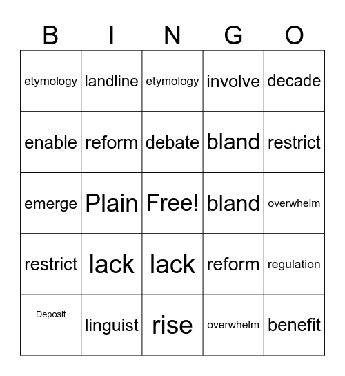 Vocabulary Bingo Card