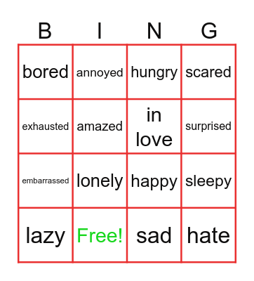 adjectives to describe feelings Bingo Card