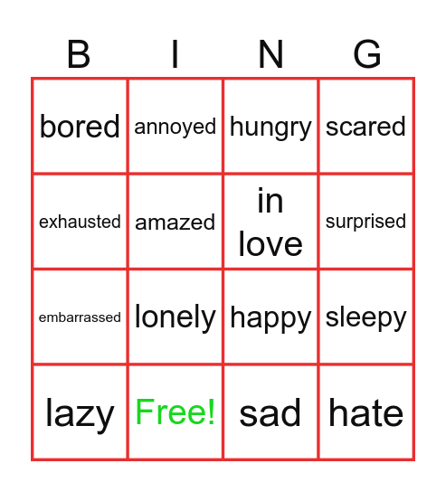 adjectives to describe feelings Bingo Card