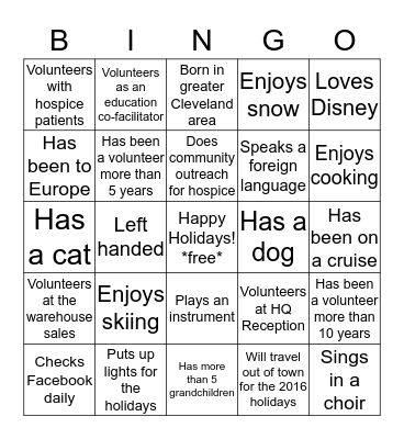 Hospice Holiday Bingo Card