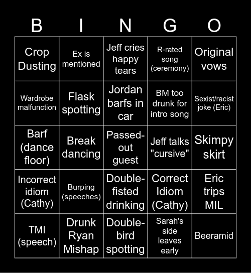 Eric & Sarah Tie the knot Bingo Card