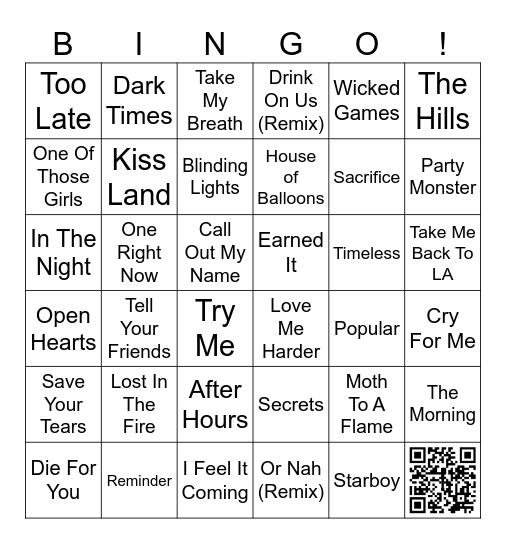 Best of The Weeknd Bingo Card
