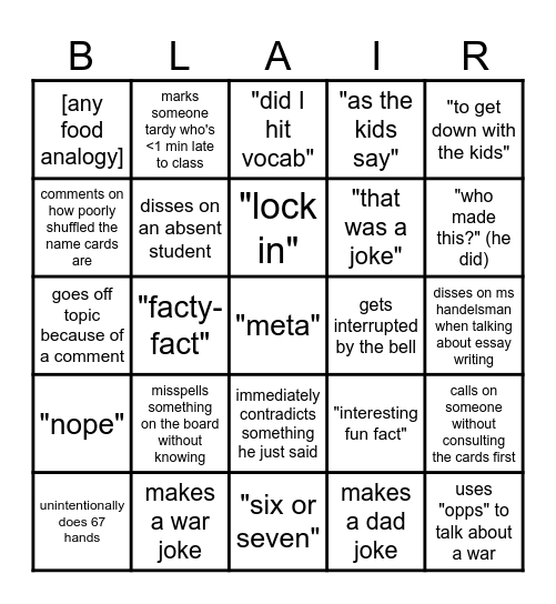 mr blair bingo Card
