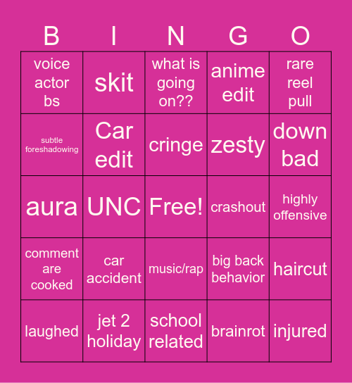 IG Reels bingo Card
