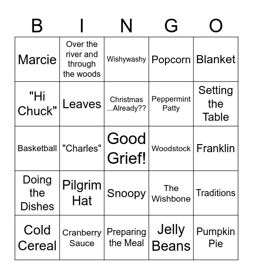 Charlie Brown Thanksgiving Bingo Card