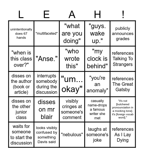 ms handelsman bingo Card